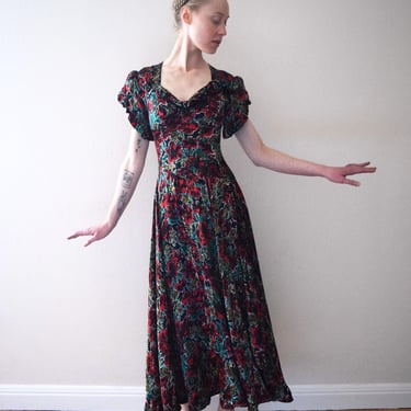 1940s floral satin gown . vintage dress . size xs 