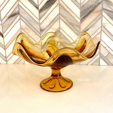 Viking Amber Glass Compote Dish, 9.5", Pedastal Bowl, Honey Gold Yellow Glassware, Vintage Retro Swung Glass 