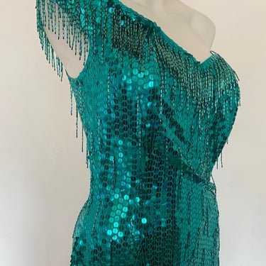 80s HOLIDAY Dress Green Beaded Sequin Dress by NADINE, Gatsby flapper fringed dress, off the shoulder, beaded TASSEL fringe dress large l 