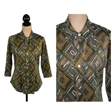 Y2K Metallic Polyester Print Blouse Medium, 3/4 Sleeve Tailored Collar Button Up Shirt Disco Club Top 2000s Clothes Women Vintage KAREN KANE 