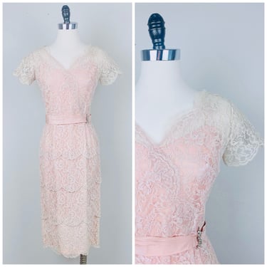 1960s Vintage Glen Joan Pink and Nude Lace Wiggle Dress / 60s / Sixties Pencil Skirt Tiered Party Dress / Size Medium 