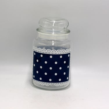 vintage Blue Polka Dot Lace Glass Canister with Lid 