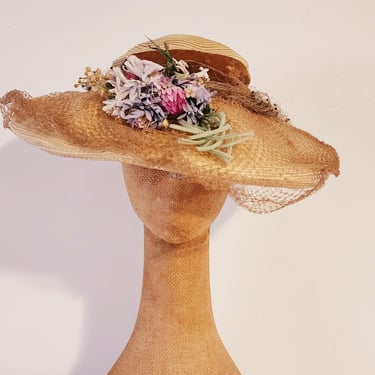 30s Beige Straw Summer Hat - Wide Brimmed with Veil and Flowers 