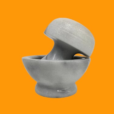 Vintage Mortar and Pestle Retro 1990s Contemporary + Mushroom + Marble + White and Gray + Cookware + Stone + Kitchen Utensil + Spice Grinder 
