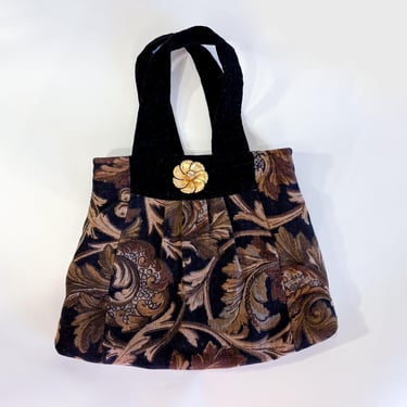 1980s Tapestry Brown & Black Bag | 80s Black Brown Fabric Pouch Bag | E.V.Hope 