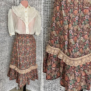 Sweet Prairie Skirt, Floral, Midi, Ruffle Flounce, High Waist, Cottage Core, Peasant, Boho, Vintage 70s 