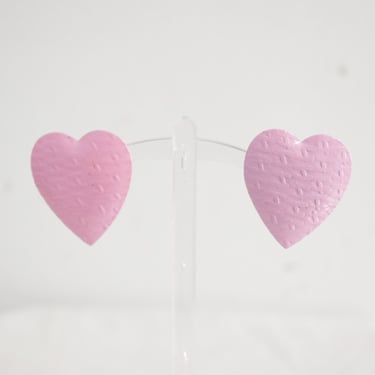 1980s Pink Textured Metal Heart Clip Earrings 