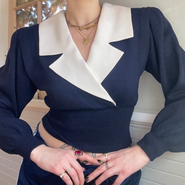 1980s St John Navy Knit Cropped Sweater with White Collar size Small 