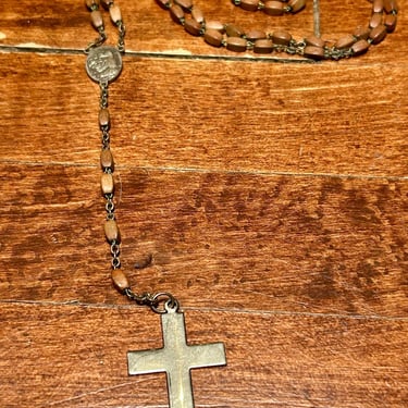 Vintage Rosary Wooden Prayer Beads Silverctone Cross Religious Jewelry 