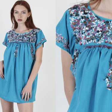 Vintage Teal Embroidered Micro Mini Oaxacan Dress, Aqua Mexican Floral Ethnic Beach Coverup, Womens Embroidery Summer Short Dress 