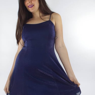 Vintage 80s Purple Metallic Double Layer Skater Dress 