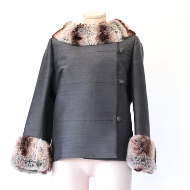 1960s Chinchilla and Silk Jack Bloom Tailored Jacket - Vintage 60s Fur Collar Dark Gray Fitted Coat - Medium 