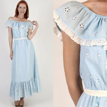 70s Fairytale CottageCore Dress Vintage Old Fashion Off the Shoulder Sundress Baby Blue Eyelet Floral Dress 