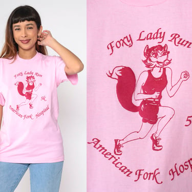 80s Running Shirt Foxy Lady Run Tee American Fork Hospital Utah Single Stitch 5K Graphic Tee Retro T Shirt Vintage Pink Screen Stars Medium 