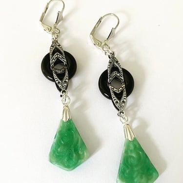 Art deco earrings 1920s Vintage Geometric Jade Green & Black glass drop earrings  1930s style drop earrings flapper by BakeliteBa