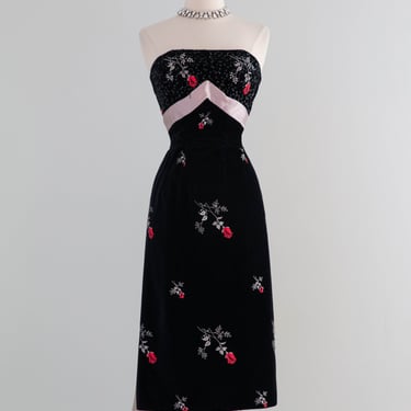 Iconic 1950's Cocktail Dress By Emma Domb With Embroidered Roses on Black Velvet / Small