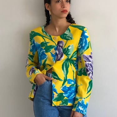 90s silk linen blazer / vintage neon yellow tropical floral botanical cropped collarless silk linen lightweight blazer | XS 