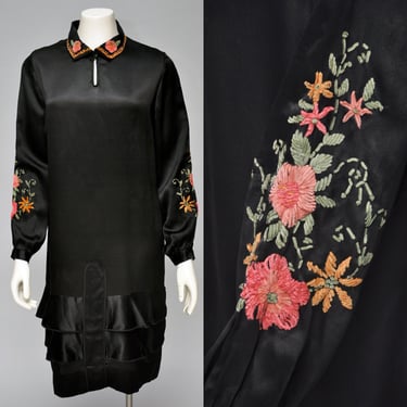 1920s black satin dress with CHENILLE floral embroidery XS-M 
