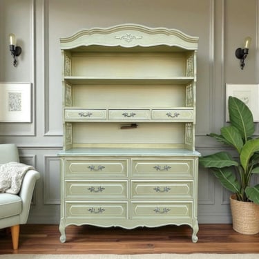 French Provincial Dresser & Bookcase Hutch by Henry Link - 1970s Vintage Green Lighted Romantic Cottage Shabby Chic Farmhouse Style 2pc Set 