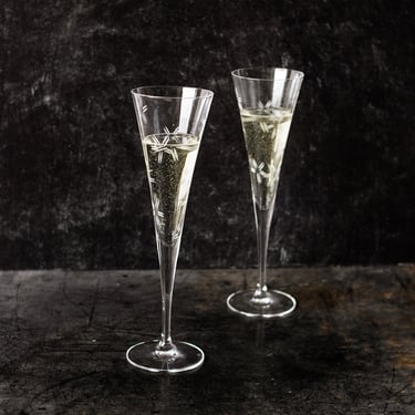 Pair of Floral Etched Crystal Flutes