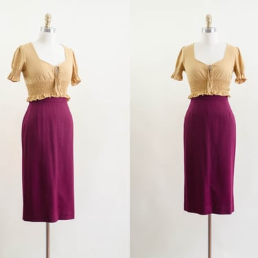 burgundy wool pencil skirt | 80s 90s vintage maroon red dark academia librarian knee length wiggle skirt 