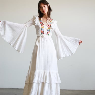 vintage 1970s indian white gauzy bell sleeve maxi dress 