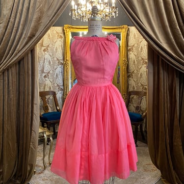1950s party dress, hot pink chiffon, fit and flare, vintage prom dress, mrs maisel, x small, full skirt, rockabilly, 25 26 waist, 50s formal 