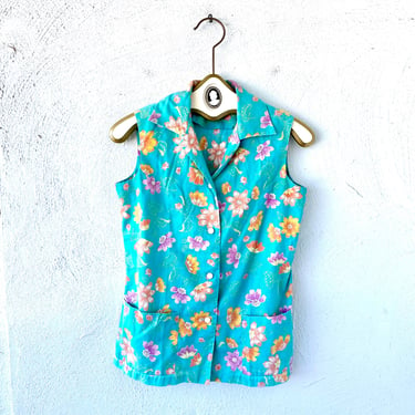 Vintage 70s Hawaiian Floral Collared Tank Top Hawaii Blue Womens Shirt 