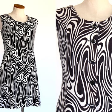 1960s Op Art Pique Cotton Dress - J Harlan Originals - Vintage 60s Black and White Button Front Swirl Dress - Medium - Large 