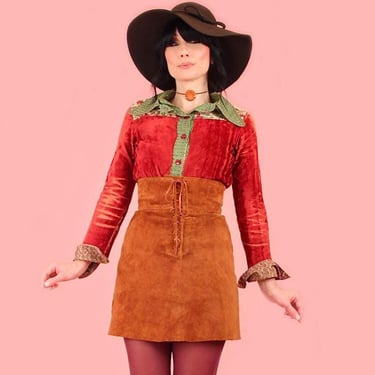 ViNtAgE 70's High Waisted Suede Mini Skirt // Steve Saunders for Buckroe Country // Corset Lace Up Leather Hippie Fairy Boho Designer 26 