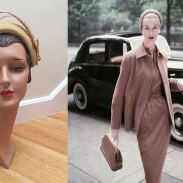 Chosen Abroad Because of Her Style - Vintage 1950s Sandy Beige Felt Caplet w/Same Tone Feather Hat 