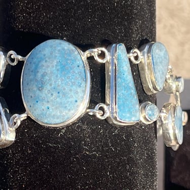 Vintage Wide Sterling Silver and Fossilized Blue / Gray Stone Palm Tree Wood Toggle Bracelet 