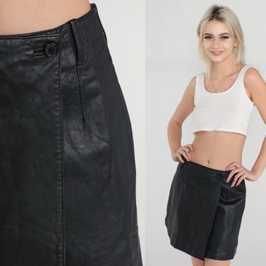 Black Leather Skirt 90s Mini Wrap Skirt Sexy Rocker Party Goth Punk Going Out Miniskirt High Waisted Button Glam Vintage 1990s Small S 28 