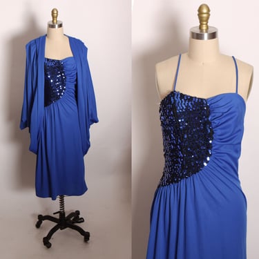 Late 1970s Early 1980s Blue Spaghetti Strap Sequin Bodice Formal Disco Dress with Matching Batwing Draped Jacket by Craig Adams -XS 