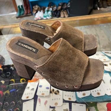 Wood Heels Vintage 1990s Brown Leather Candies platform High Heel Sandals size 9 