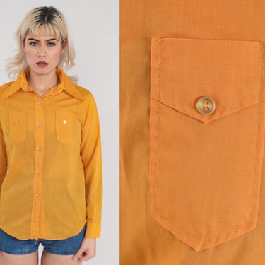 70s Orange Blouse 70s Button Up Shirt Dagger Collar Long Sleeve Retro Basic Plain Preppy Seventies Top Vintage 1970s Montgomery Ward Small 