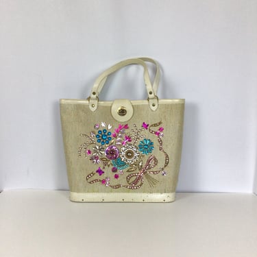 Vintage 60s purse | Vintage beaded floral tote | 1960s bejeweled hand bag 