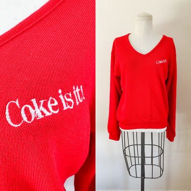 Vintage 1980s "Coke is it!" Coca Cola Red V-neck Sweater / M 