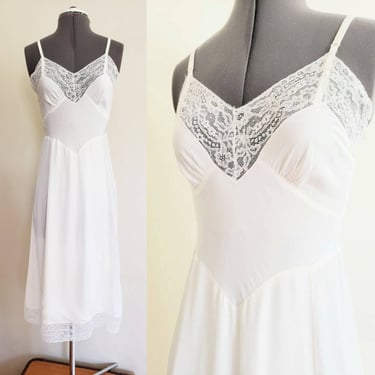 1950s White Rayon Slip Dress with Lace / 50s Lingerie Spaghetti Strapped Cream Ivory Nightgown V neckline / Small / Charmode 34 Tall 