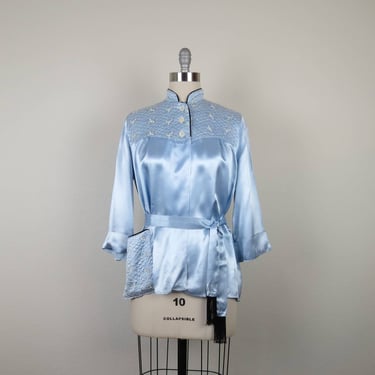 Vintage 1950s bed jacket, lounge top, robe, satin, embroidered, hollywood glamor 