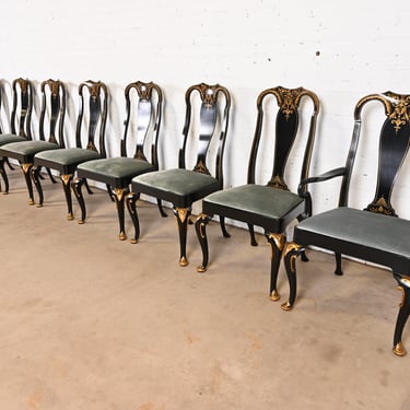 Baker Furniture Chinoiserie Queen Anne Black Lacquered and Gold Gilt Dining Chairs, Set of Eight