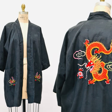 70s Vintage Black Embroidered Dragon Jacket Robe Chinese Luck Dragon JacketTop // Vintage Black Robe Kimono Hand Embroidered Dragon Medium 