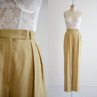 high waisted pants 90s vintage Bernard Zins mustard yellow wool straight leg pleated trousers 