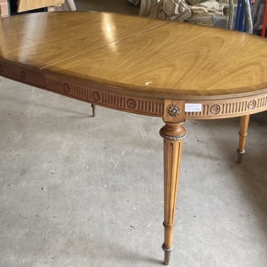 Oval Dining Table w Brass and Carved Flower Trim and 2 Leaves