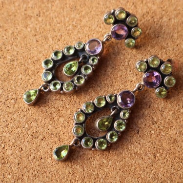 Peridot and Amethyst Chandelier Earrings / Vintage Sterling Silver Earrings 