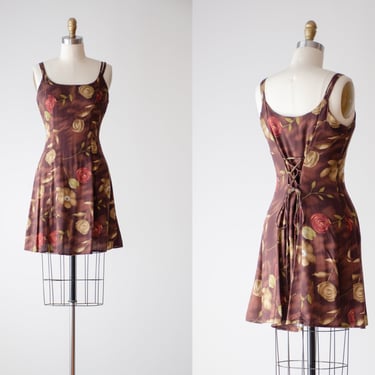 brown mini dress | 90s vintage dark brown floral spaghetti strap sleeveless corset dress 