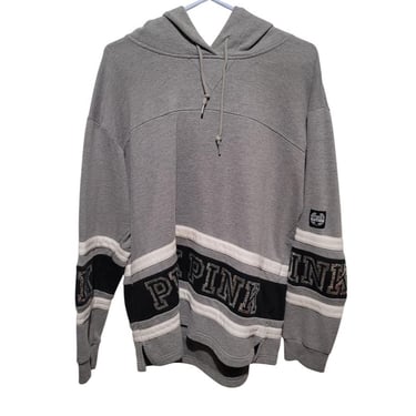 Victoria's Secret Bling PINK NATION Gray Black White Striped Hoodie Pullover L 