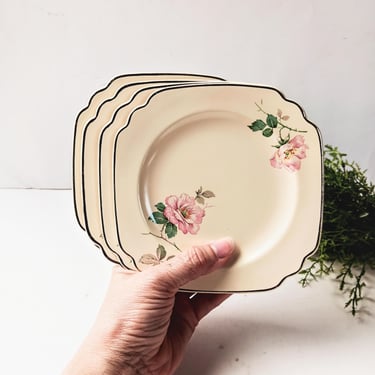 4 Vintage Homer Laughlin Pink Rose Bread Dessert Plate/C33/Century Platinum Trim/French Country English Garden Cottage Core Art Deco/Easter 