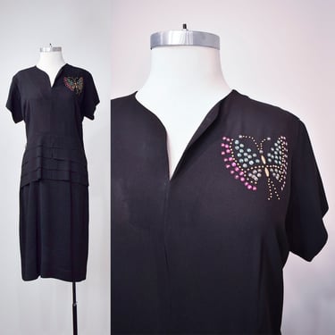 1940s Black Cocktail Dress with Sequin Butterfly 