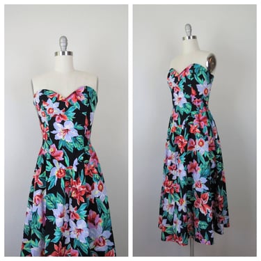 Vintage 1980s floral strapless dress, cotton, tropical sundress, summer 